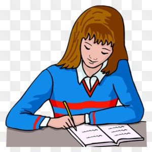 A young girl with brown hair in a blue sweater writes in a notebook at a desk.