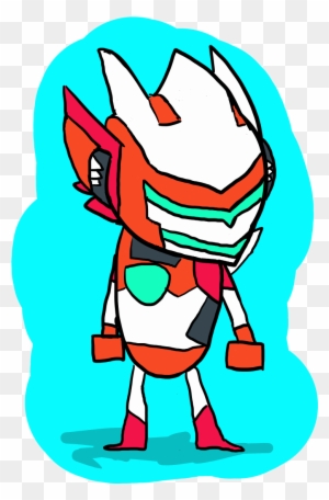 Chibi-style robotic warrior with white, orange, and teal armor, standing confidently against a cyan background.