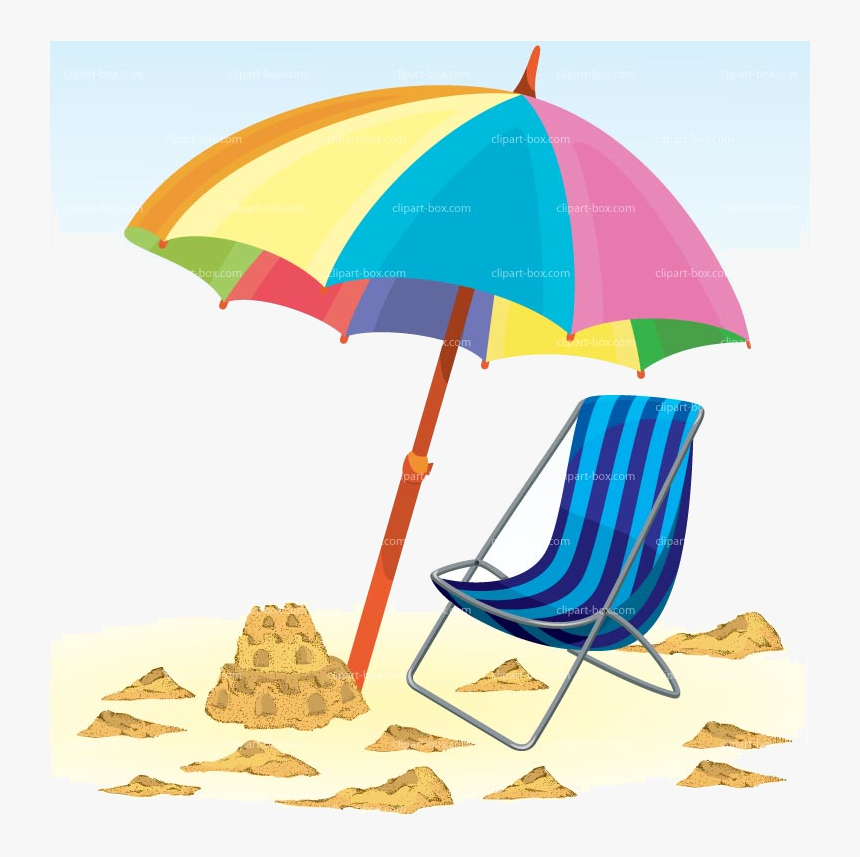 Colorful beach umbrella shading a striped lounge chair and sandcastle on sandy ground.