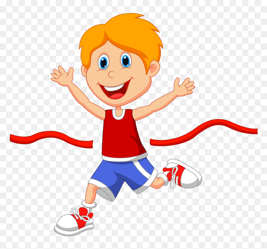 Happy cartoon boy with orange hair crossing a red finish line, arms raised in victory, wearing red tank top and blue shorts.