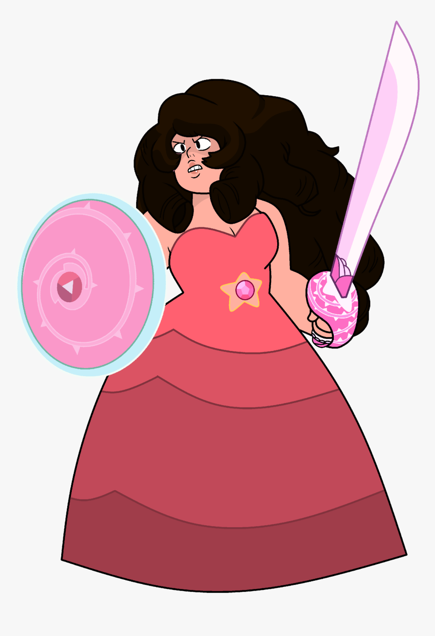 A cartoon warrior woman with curly brown hair, wearing a pink dress, holding a pink sword and shield with gemstone details.