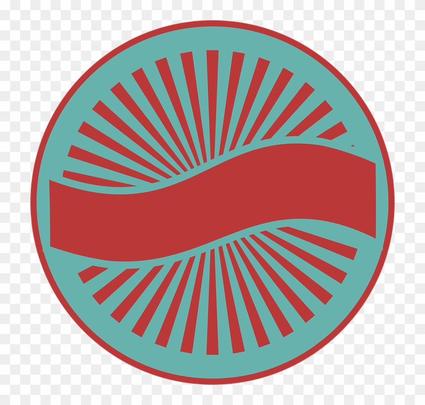 Circular emblem with red sunburst rays and wavy banner on teal background, bordered in red.