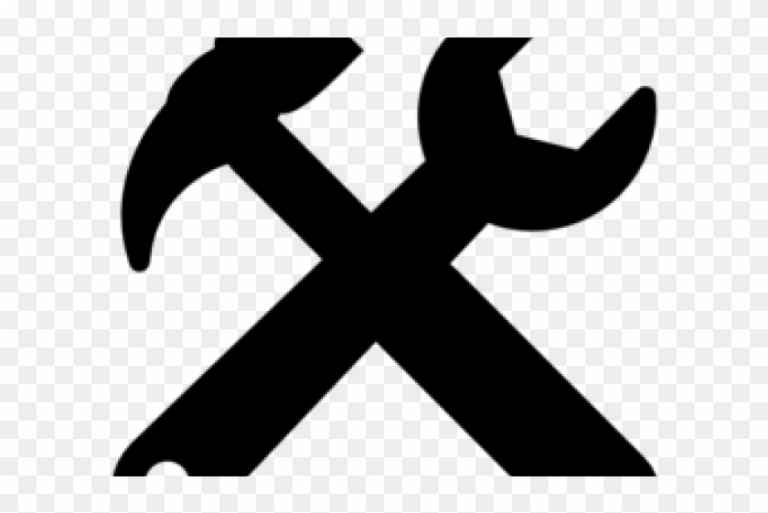 Black silhouette of a crossed hammer and wrench on transparent background, symbolizing tools, repair, or maintenance.