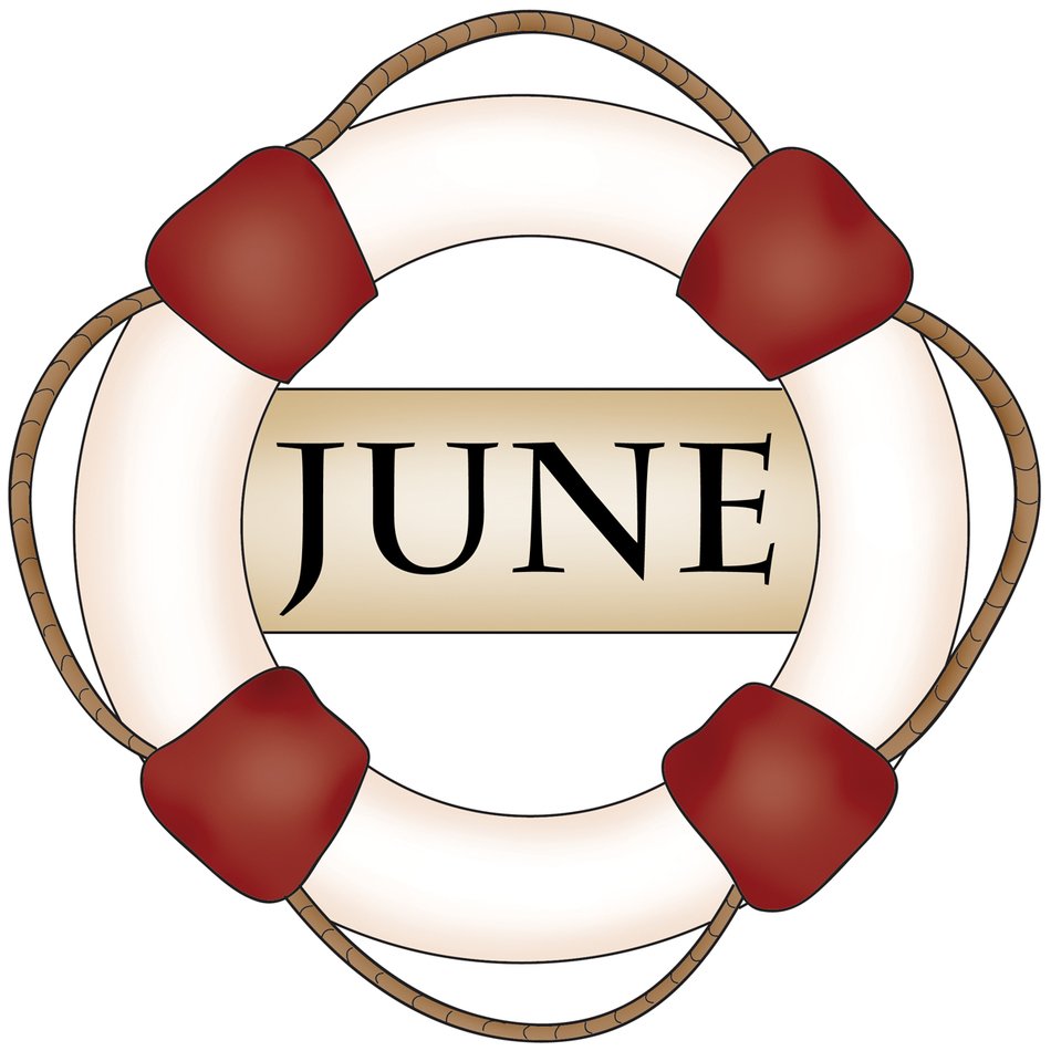 A white lifebuoy with red pads and rope, featuring the word "JUNE" on a beige banner across the center.
