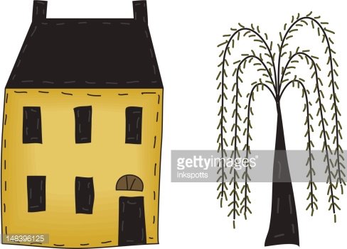 Hand-drawn yellow house with black roof and windows beside a weeping willow tree.