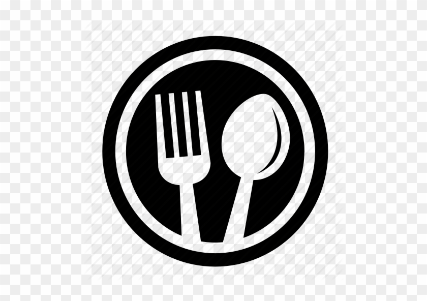 Black circular icon with white fork and spoon inside, representing dining or food services.