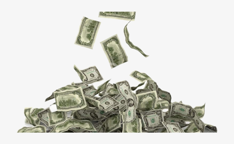 U.S. one-dollar bills falling and piling up against a white background, symbolizing wealth or financial abundance.