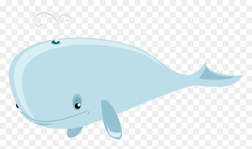Cute light blue cartoon whale with smiling face, spouting water from blowhole, on transparent background.