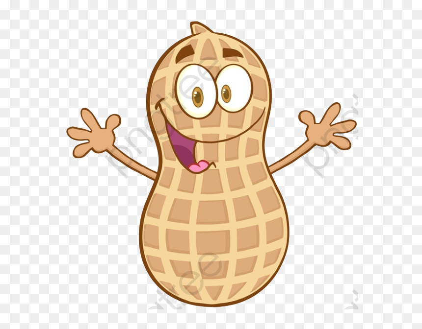 Cheerful cartoon peanut character with wide eyes, open mouth, and raised arms on transparent background.