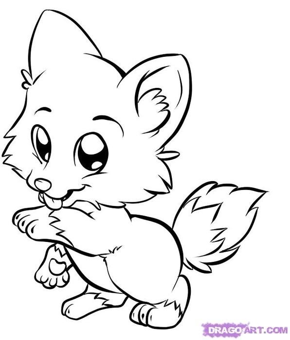 Cute cartoon fox cub licking its paw, black-and-white line art illustration for coloring pages.