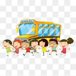 Happy diverse children holding hands in front of a yellow school bus.