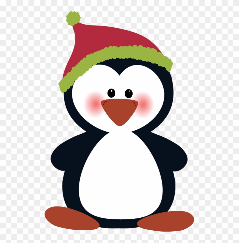 Cute cartoon penguin wearing a red and green Santa hat with rosy cheeks and orange feet.