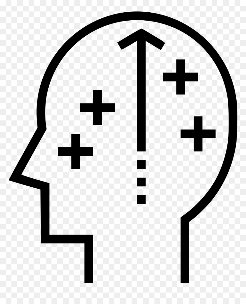 Silhouette of a human head with plus signs and an upward arrow symbolizing mental growth or cognitive improvement.
