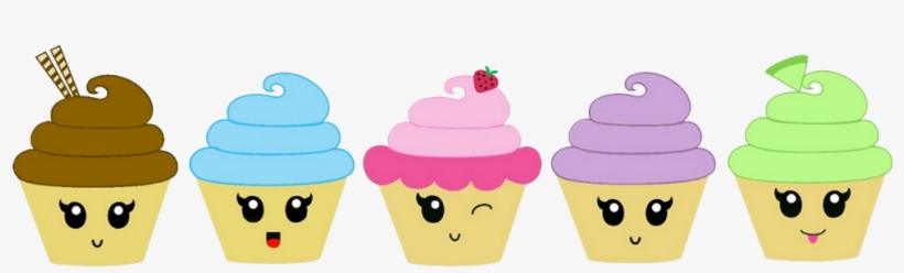 Five cute cartoon cupcakes with expressive faces, each topped with a different colored frosting and garnish.