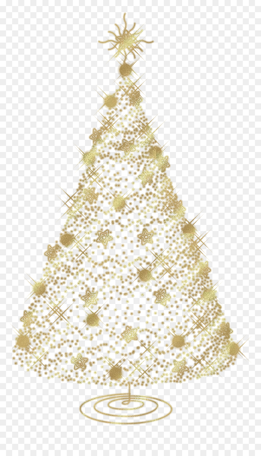 Golden glittering Christmas tree adorned with stars, dots, and sparkles on transparent background.