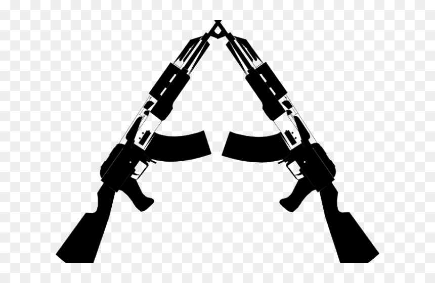 Two black AK-47 rifles crossed in an A-shape silhouette on transparent background.