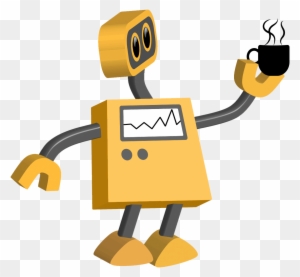 Yellow robot holding a steaming coffee cup, with a screen displaying a waveform graph on its torso.
