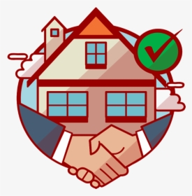 A stylized icon of a house with a green checkmark and two hands shaking beneath it, symbolizing successful real estate agreement.
