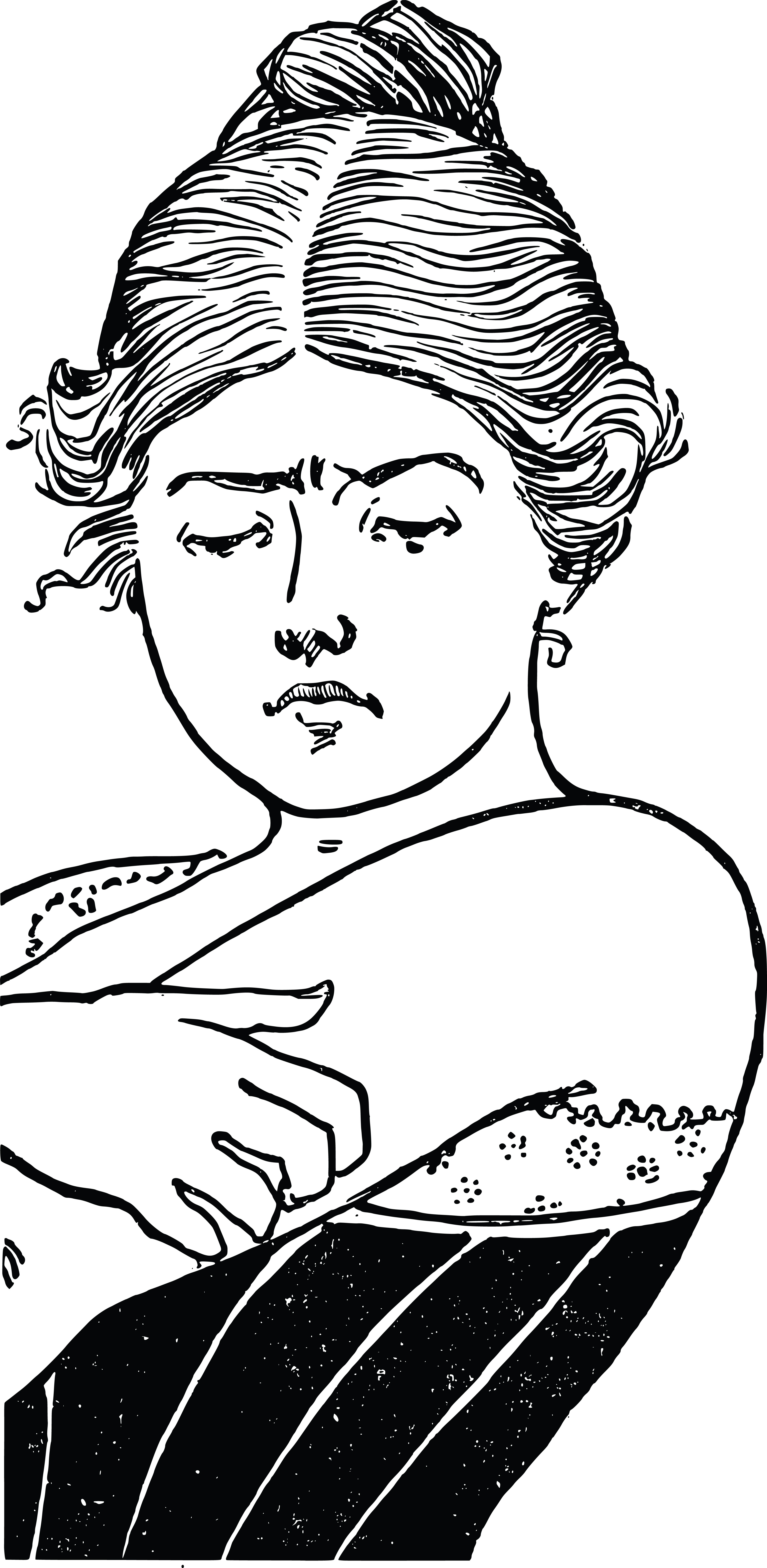 Black-and-white line drawing of a woman with styled hair, holding a bowl of food, wearing a striped top.