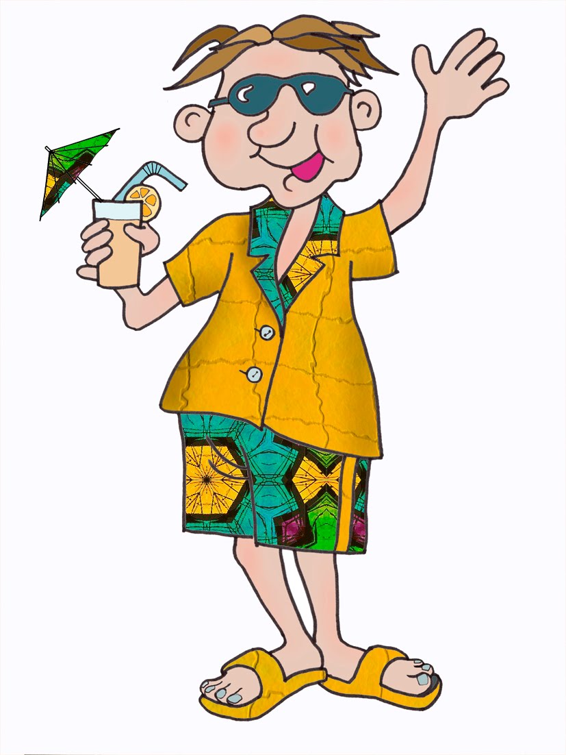 Cheerful cartoon man in sunglasses, yellow shirt, patterned shorts, holding tropical drink with umbrella and waving.