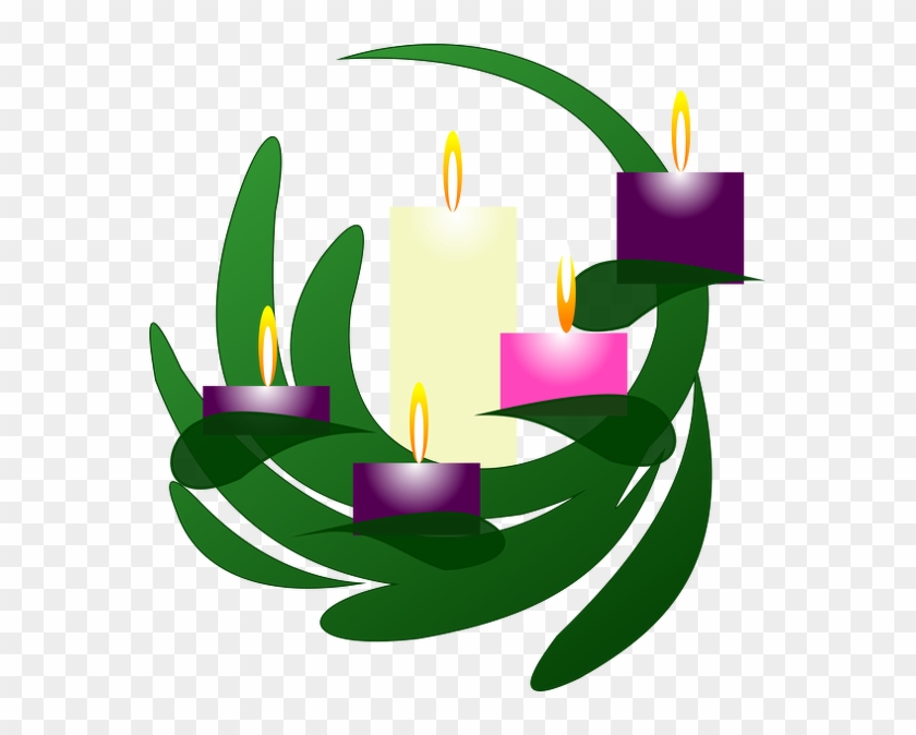 Advent wreath with four lit candles-three purple, one pink-surrounded by green leaves, symbolizing the Christian season of Advent.