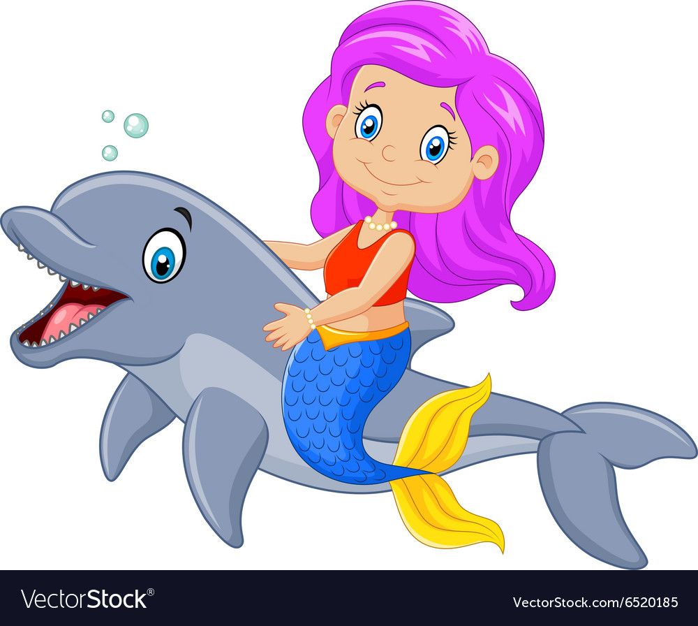 A cheerful mermaid with purple hair rides a smiling gray dolphin, bubbles floating above them.