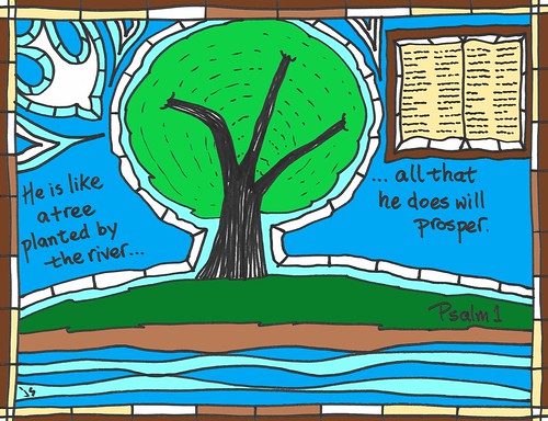 Stained-glass-style illustration of a tree by a river with Psalm 1:3 text and open Bible, symbolizing spiritual growth and prosperity.
