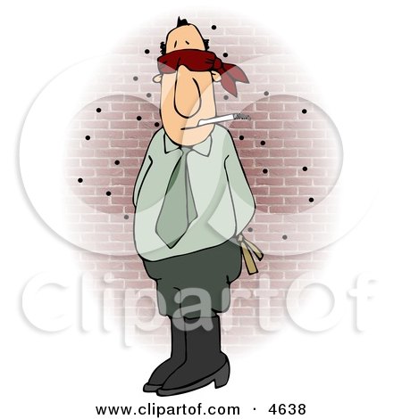 Blindfolded man smoking cigarette, standing against brick wall with bullet holes, cartoon illustration.