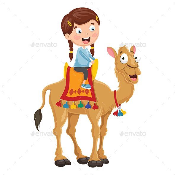 Happy girl with braids riding a smiling camel adorned with colorful saddle and tassels.