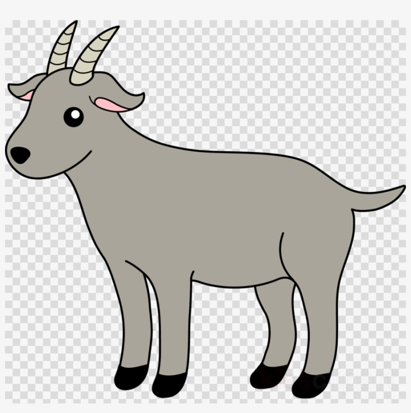 Cute cartoon gray goat with curved horns, pink inner ears, and black hooves on transparent background.