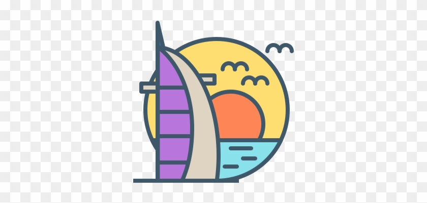Stylized Burj Al Arab hotel with sunset, sea, and birds in a colorful line-art illustration.