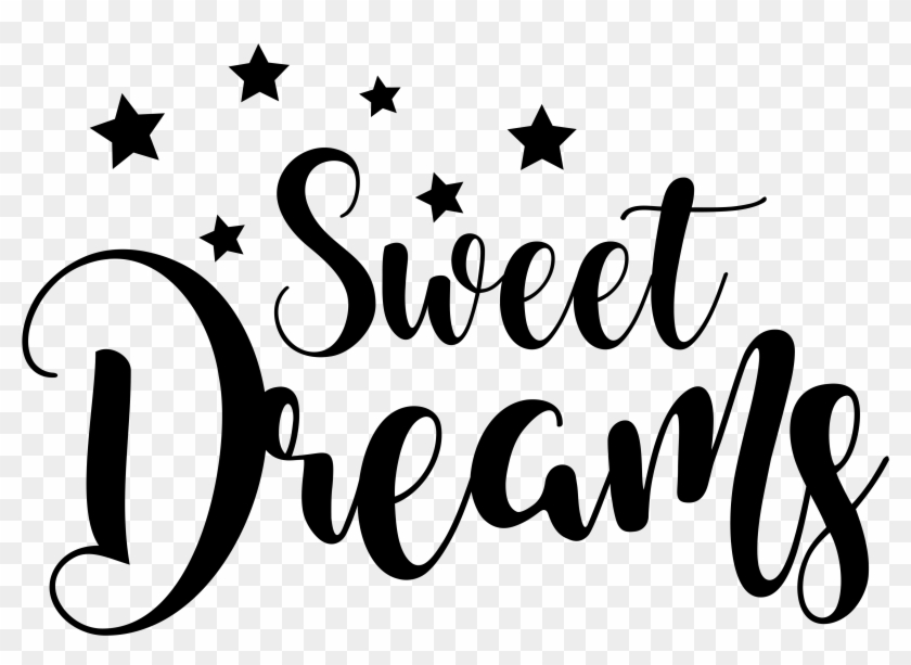 "Sweet Dreams" in elegant black script with scattered stars on transparent background.