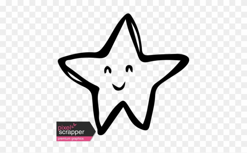 Smiling cartoon star with thick black outline on transparent background, friendly and playful design.
