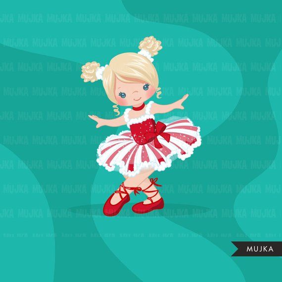 Charming blonde ballerina girl in red-and-white striped tutu, ballet shoes, and floral hair buns, dancing joyfully against teal background.
