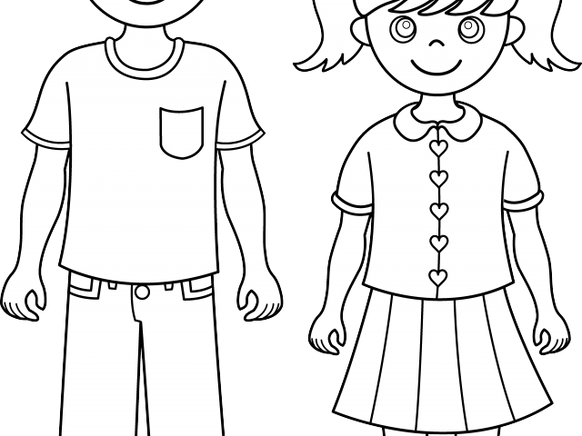 Black-and-white line drawing of a boy in a t-shirt and pants standing beside a girl in a heart-button blouse and pleated skirt.