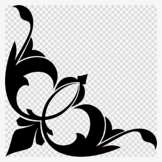 Black ornamental corner flourish with swirling floral motifs on transparent background.