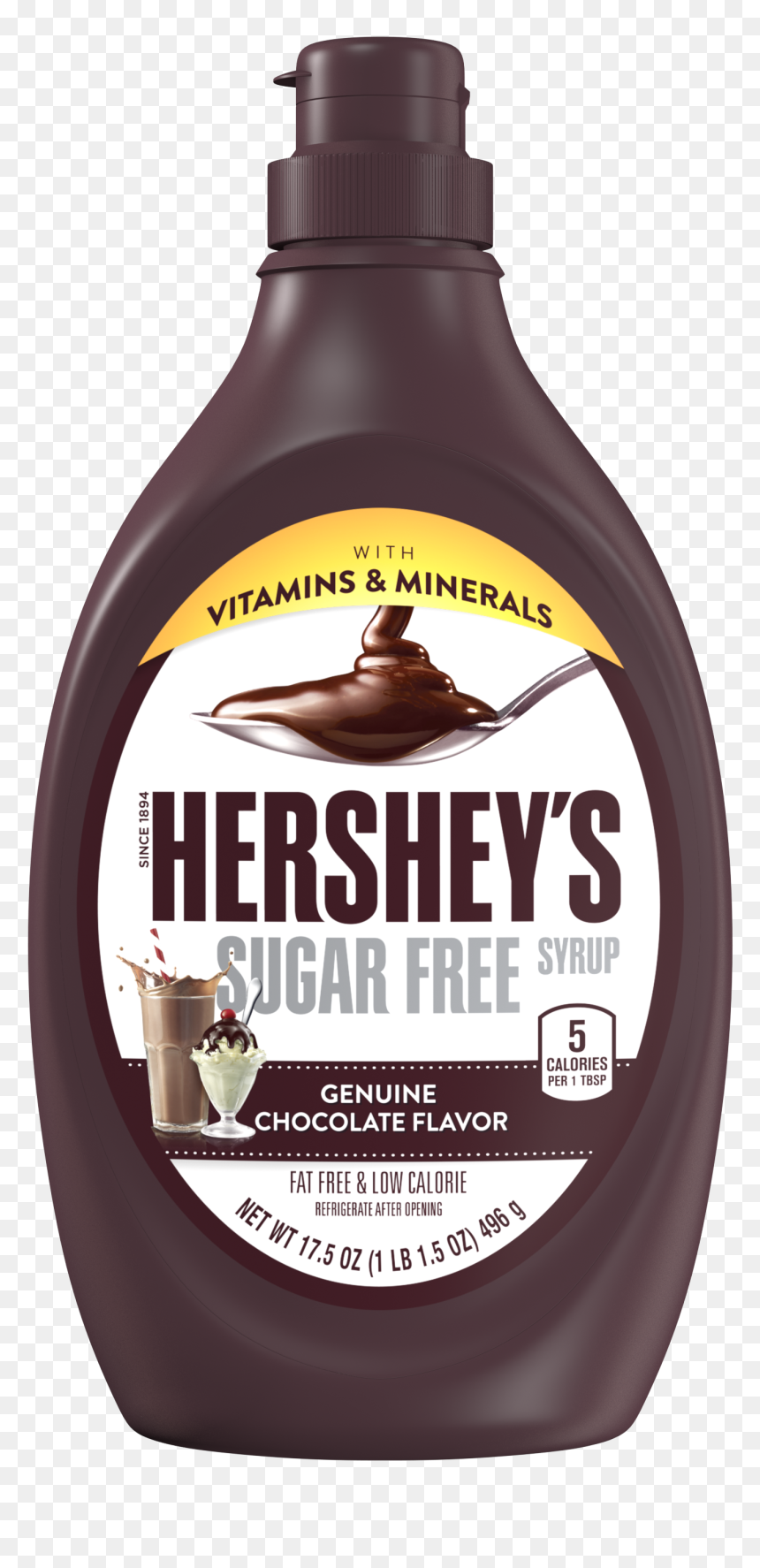 Hershey's Sugar Free Syrup bottle with chocolate drizzle on spoon, labeled fat-free, low-calorie, 5 calories per tbsp.
