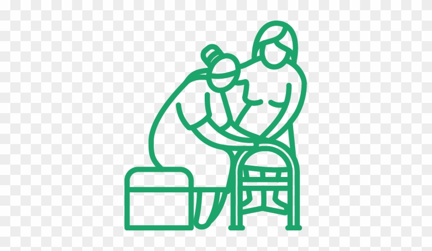 A green line-art illustration showing a caregiver assisting an elderly person seated in a chair, with a stool nearby.