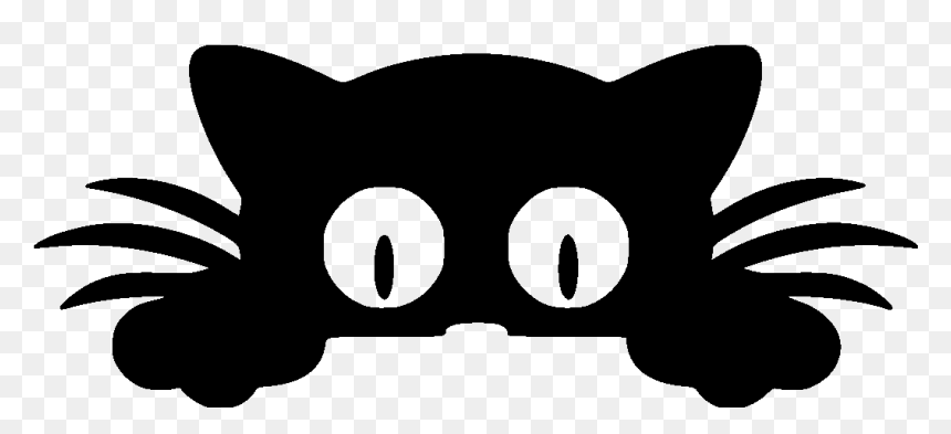 Black cat silhouette peeking over an edge with large white eyes and whiskers on transparent background.