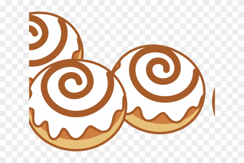 Three cartoon-style cinnamon rolls with white icing and brown swirls on transparent background.