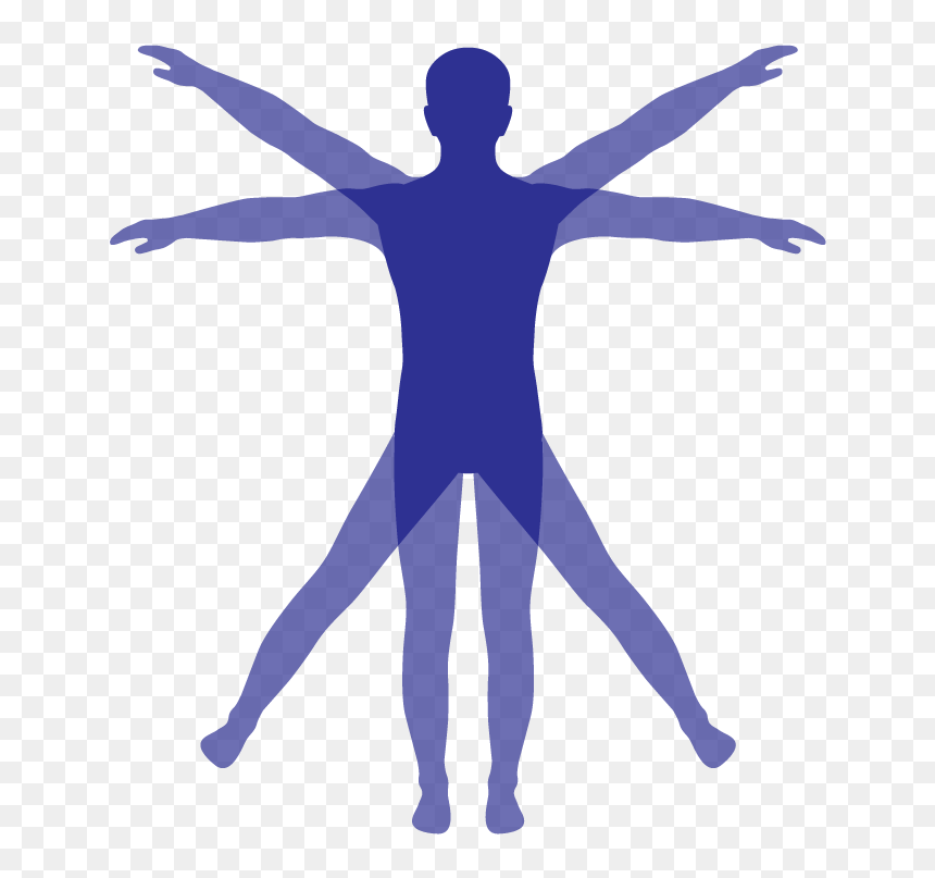 Blue silhouette of a human figure in Vitruvian Man pose with overlapping arms and legs on transparent background.