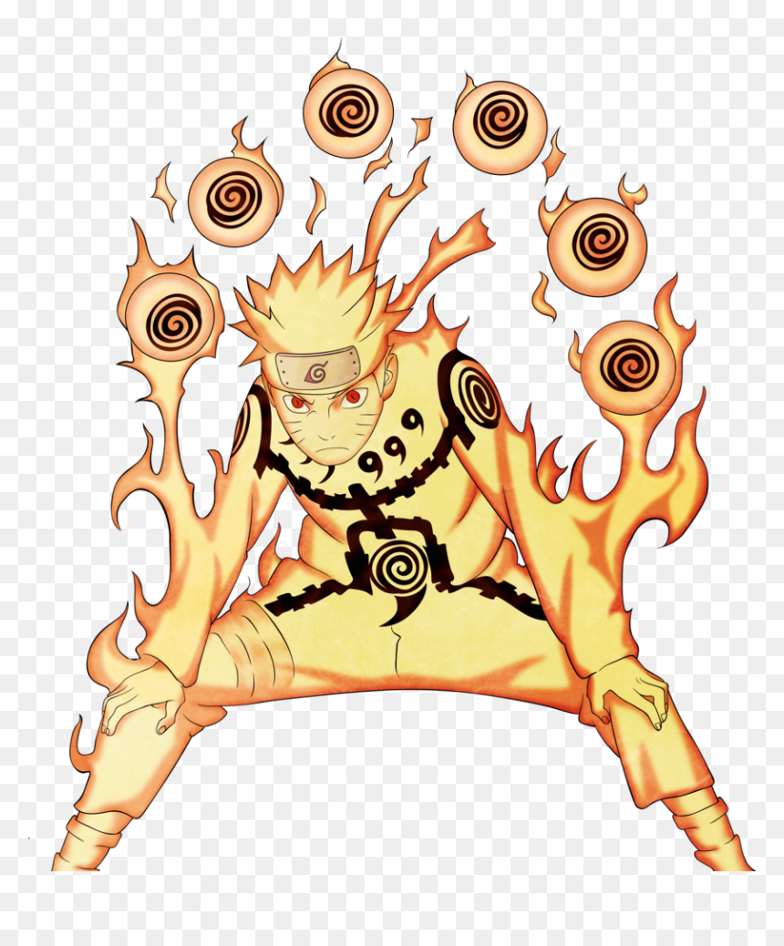 Naruto Uzumaki in Six Paths Sage Mode with Truth-Seeking Orbs and chakra flames.