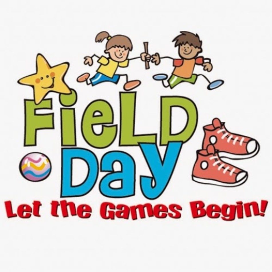 Colorful cartoon illustration of two children running with a baton, a smiling star, sneakers, and a ball, promoting Field Day with "Let the Games Begin!"