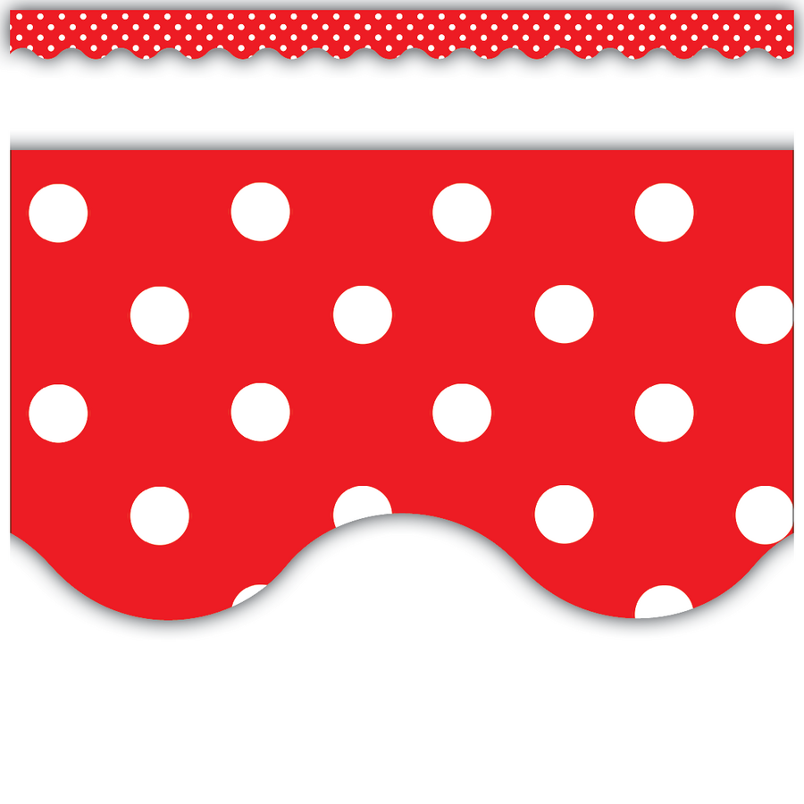 Red polka dot border with scalloped edges, ideal for festive or classroom decorations.