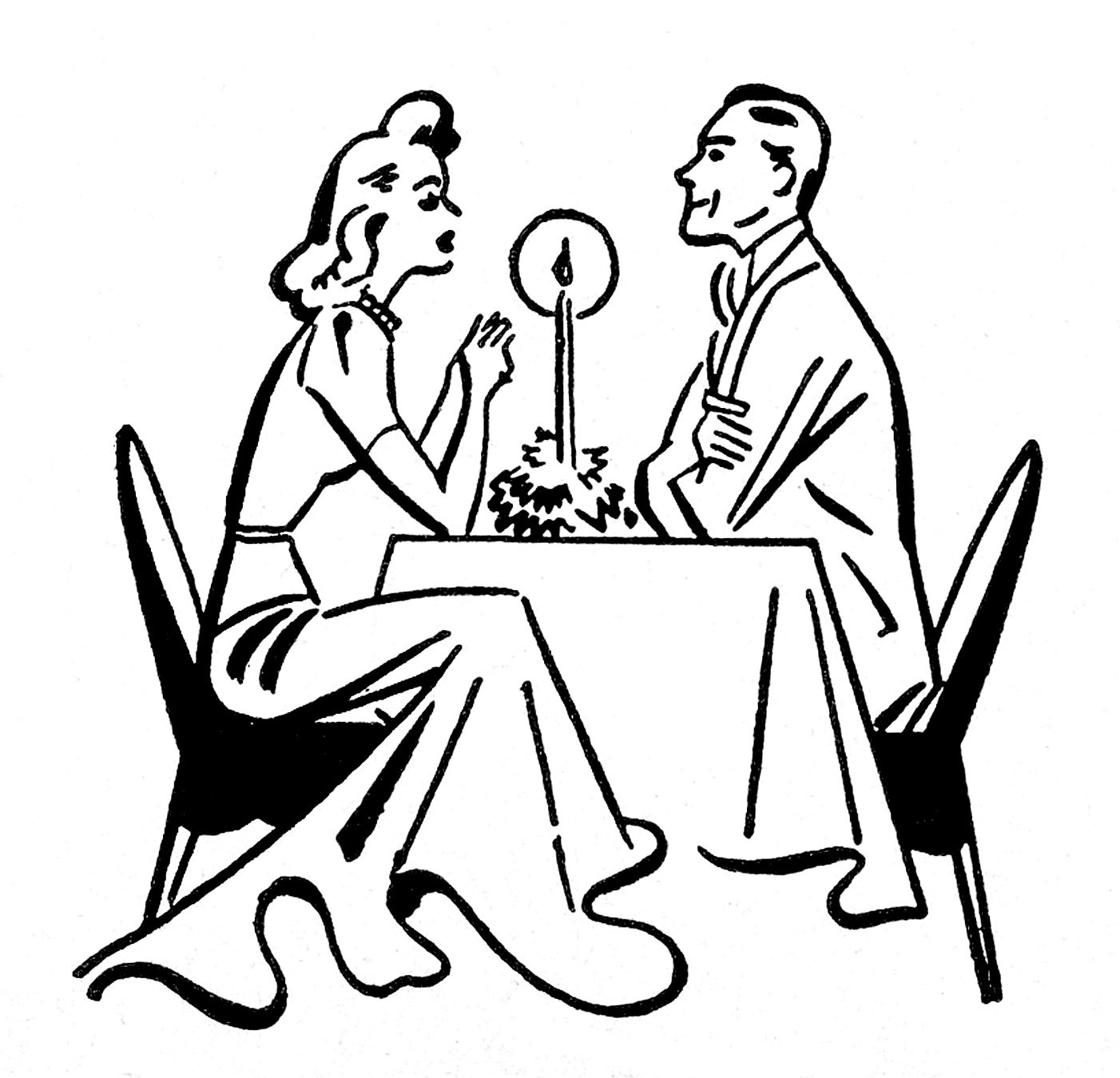 Vintage line drawing of a man and woman sharing an intimate candlelit dinner at a table.
