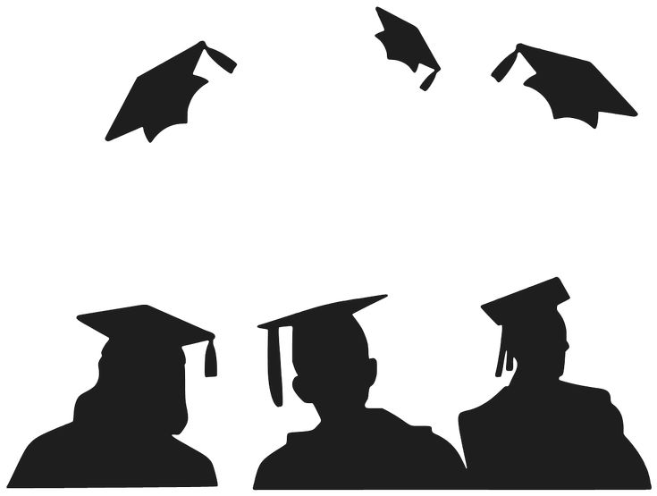 Silhouettes of three graduates tossing caps in celebration against a white background.