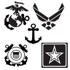 Black-and-white icons of the U.S. Marine Corps, Air Force, Navy, Coast Guard, and Army emblems arranged on white background.
