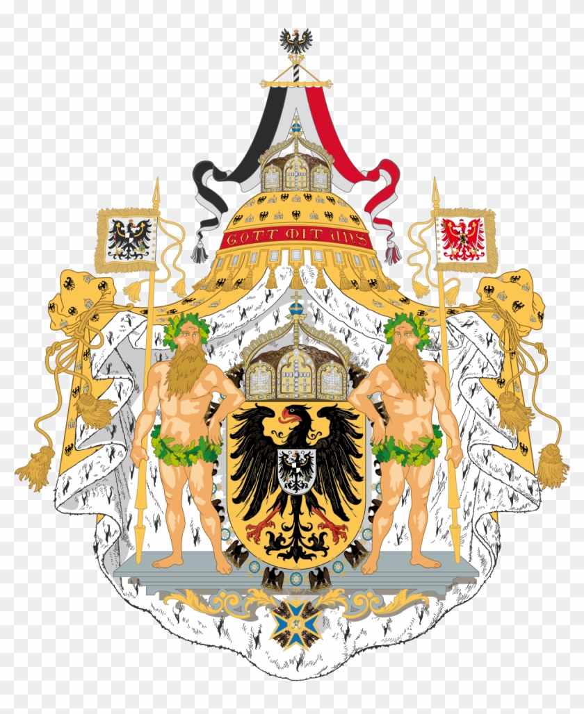 Imperial Coat of Arms of the German Empire (1871-1918), featuring black eagle, twin Hercules figures, and imperial crown.