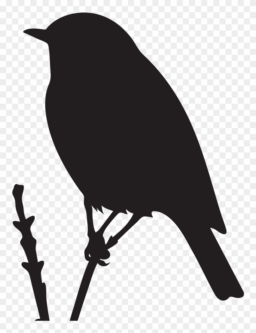 Black silhouette of a small bird perched on a thin branch against transparent background.
