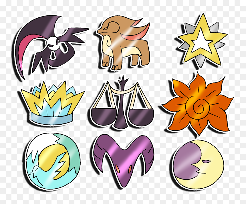 Nine stylized fantasy icons including a skull-winged creature, lion, star, crown, scales, sunflower, bird-in-egg, horned symbol, and moon face.